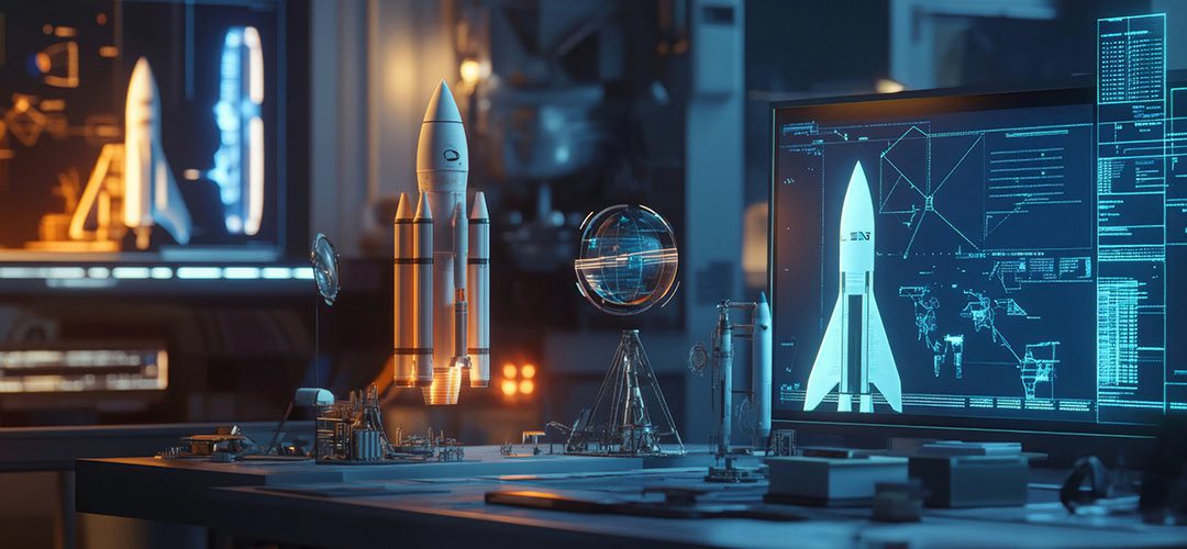 consulting image featuring rocket blueprints in a high-tech lab
