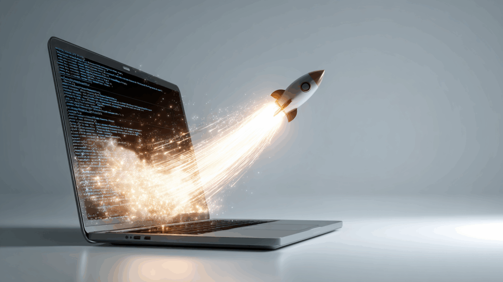 image of a modern laptop with a rocket launching from the screen