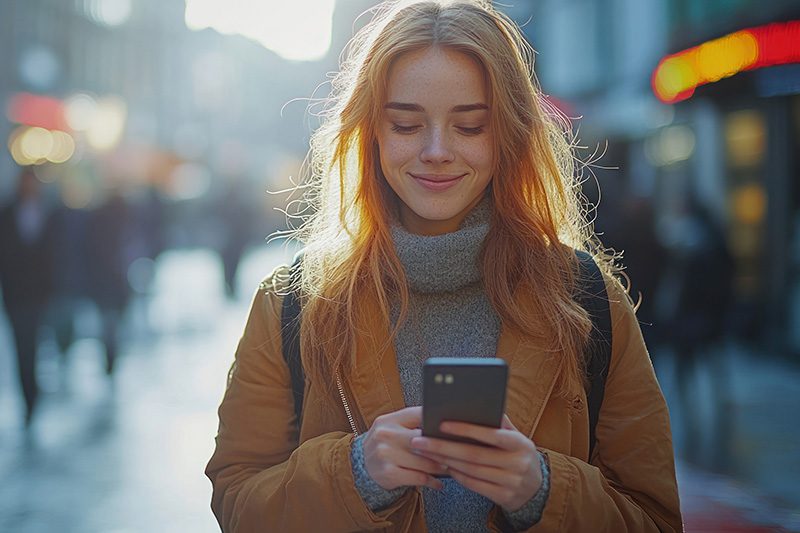image of a happy young woman smiling and looking a her phone