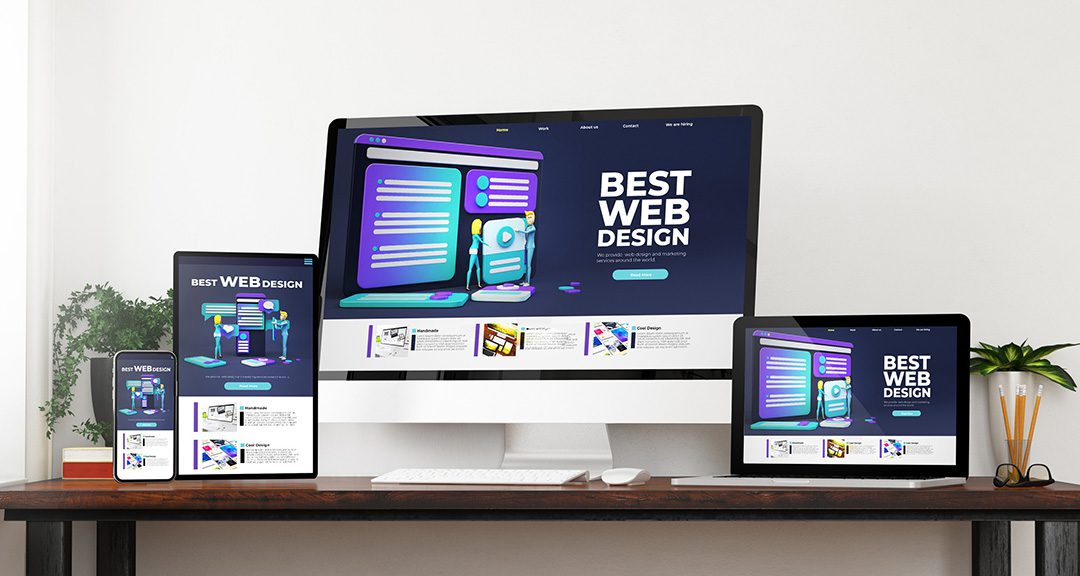 image demonstrating responsive website design with the same website being shown on different devices such as a computer, laptop, tablet, and phone.